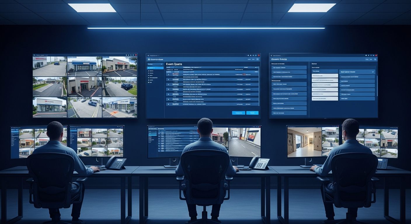Security monitoring center operators viewing AI-filtered video alarm event dashboard