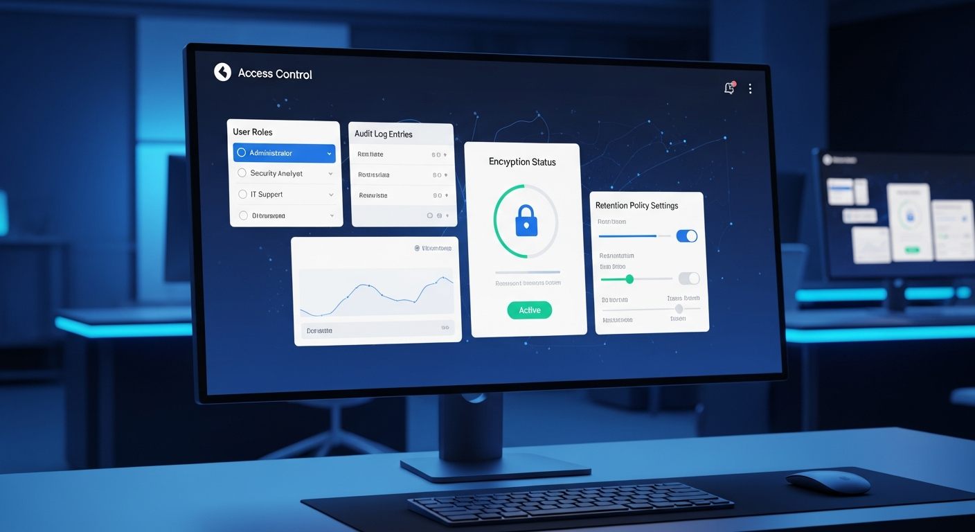 Cloud VMS compliance dashboard showing access controls audit logs and encryption security features