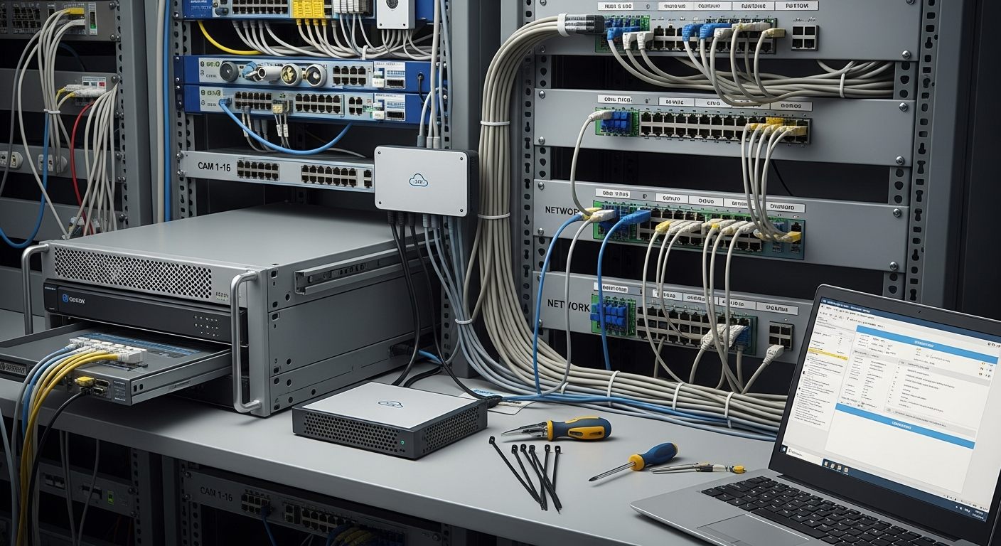 Commercial network closet showing old NVR being replaced by iFovea cloud VMS gateway for existing IP camera migration