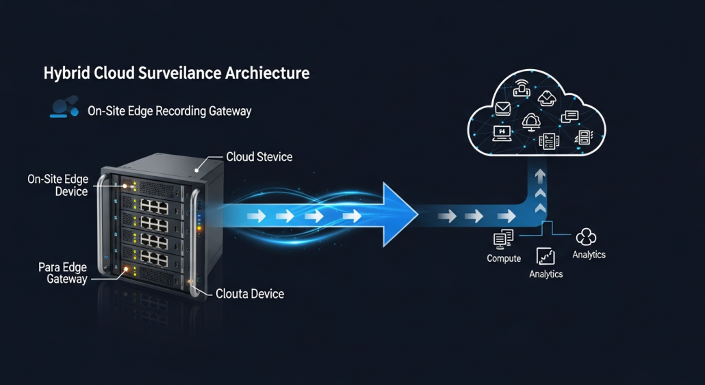 Hybrid Cloud Surveillance in 2026: How the Architecture Actually Works 2 Hybrid cloud surveillance architecture with edge gateway and cloud infrastructure