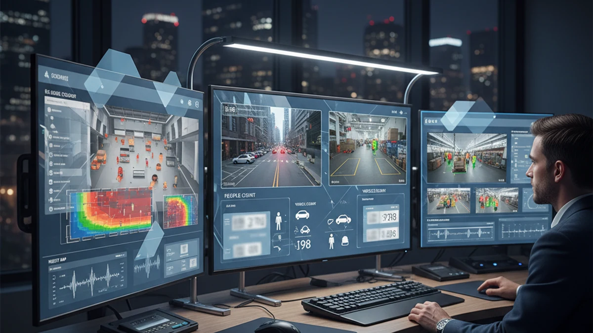 Cloud VMS & AI Video Analytics for Existing Cameras 3 AI video analytics interface showing people counting, ALPR, heat maps, object detection, and forensic video search