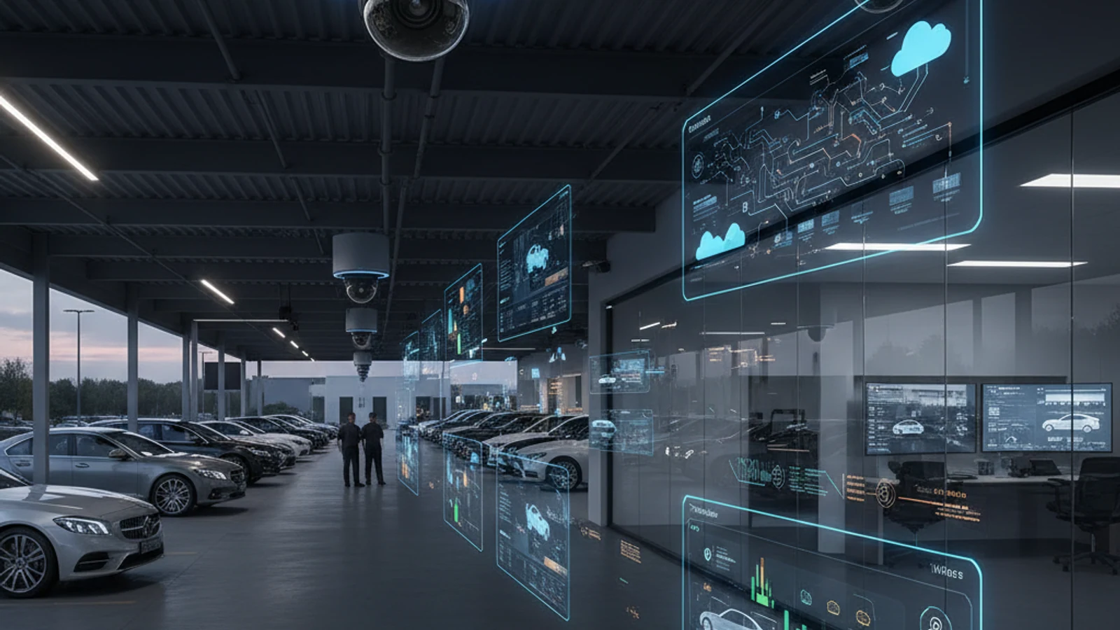Cinematic automotive dealership cloud surveillance visual for Home Page