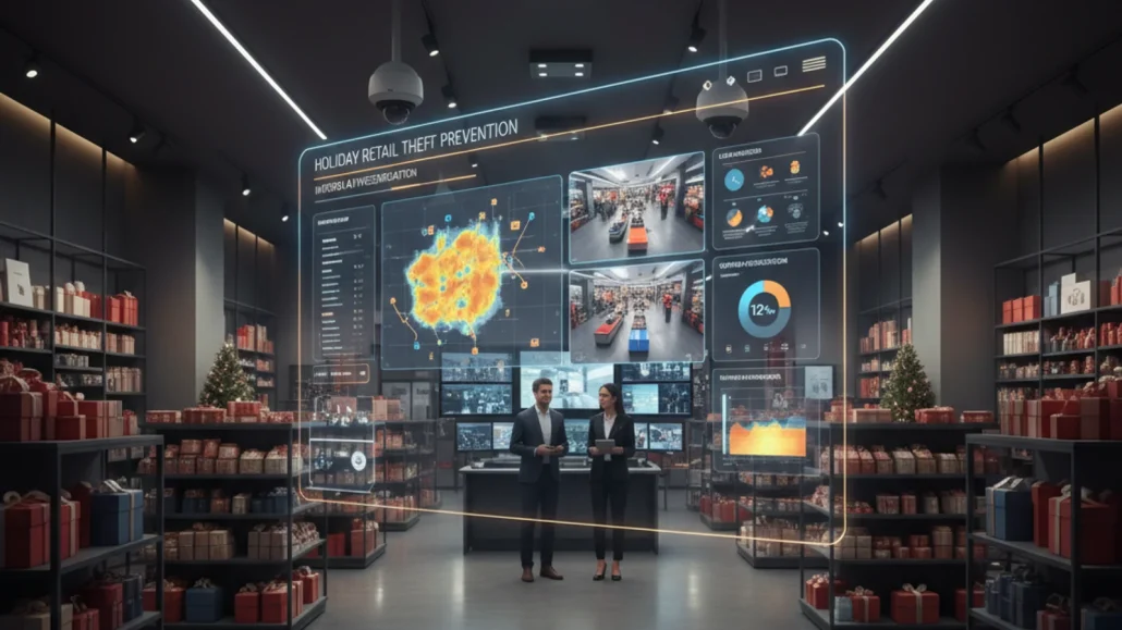 Holiday retail theft prevention with cloud surveillance showing AI detection at store entrances and register areas