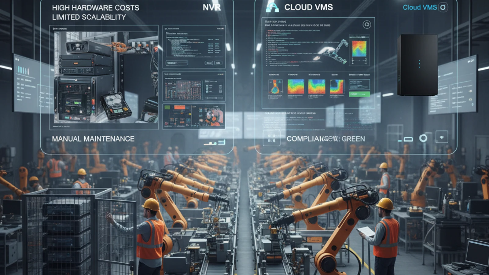 Cinematic manufacturing cloud surveillance visual for Cloud VMS vs. NVR: Total Cost of Ownership Comparison 2026