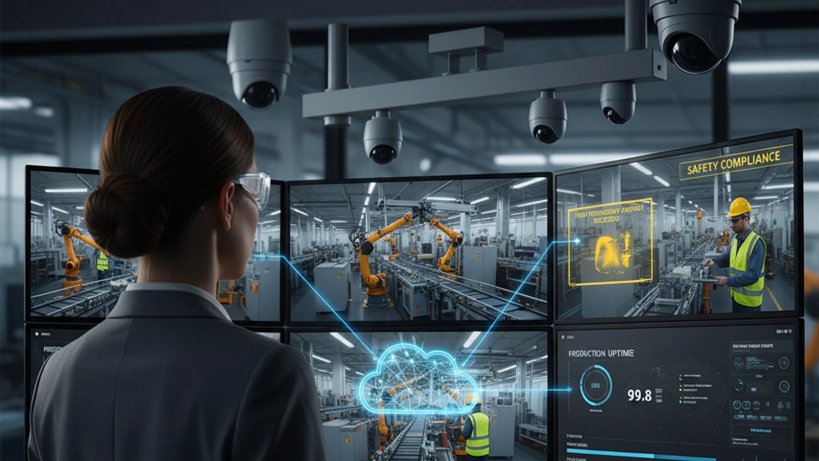 Cinematic manufacturing cloud surveillance visual for How to Connect Hikvision Cameras to the Cloud (No NVR Required)