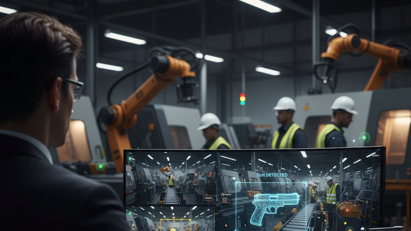 Cinematic manufacturing cloud surveillance visual for Gun Detection | AI Firearm Detection for Real-Time Security | iFovea