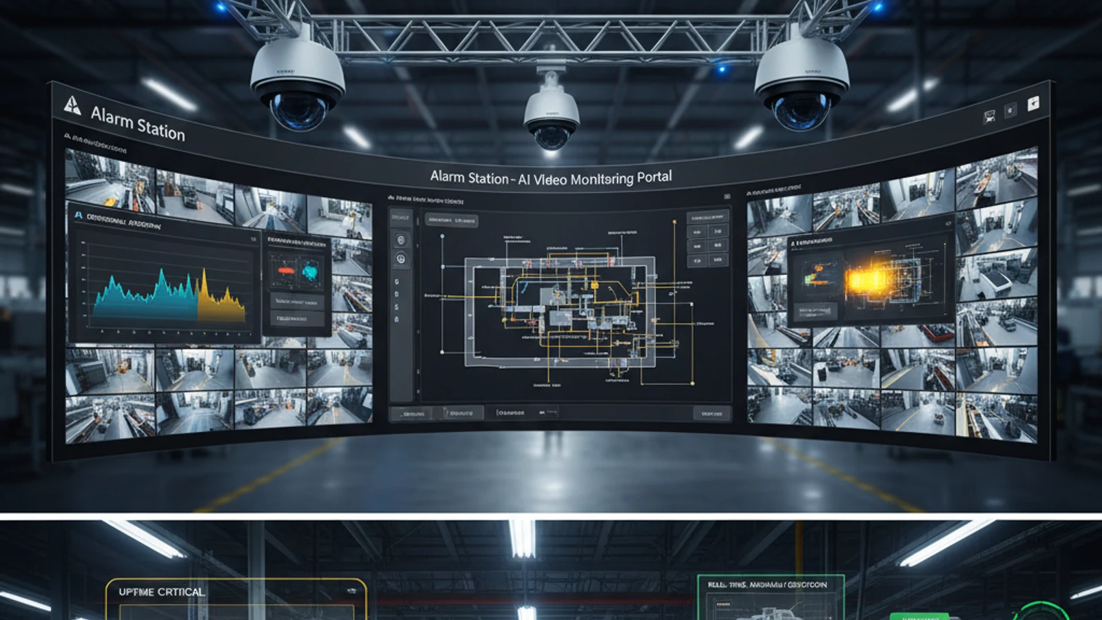 Cinematic manufacturing cloud surveillance visual for Alarm Station - AI Video Monitoring Portal for Security Operations | iFovea
