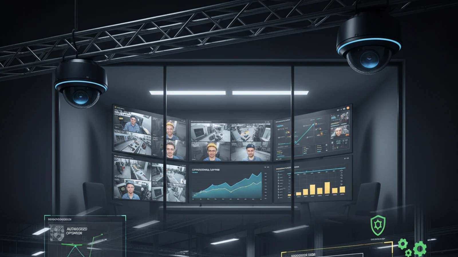 Cinematic manufacturing cloud surveillance visual for Face Recognition Security Camera Software: Complete Business Guide | iFovea