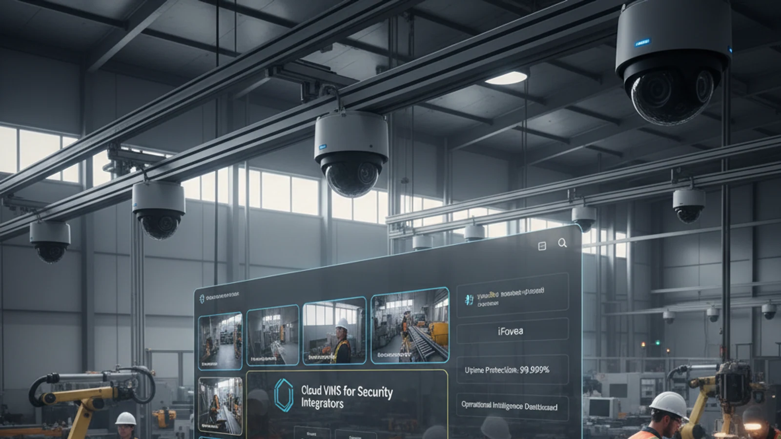 Cloud VMS for Security Integrators: Build Recurring Revenue | iFovea 1 Cinematic manufacturing cloud surveillance visual for Cloud VMS for Security Integrators: Build Recurring Revenue | iFovea