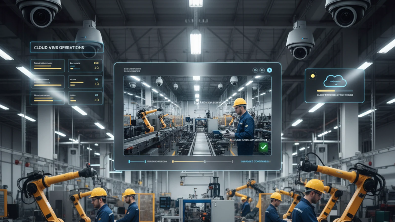 Hikvision Cloud VMS: Complete Guide to Cloud Storage and AI Analytics | iFovea 1 Cinematic manufacturing cloud surveillance visual for Hikvision Cloud VMS: Complete Guide to Cloud Storage and AI Analytics | iFovea