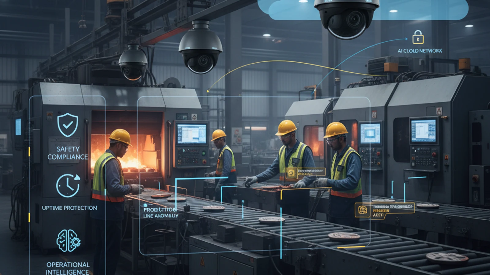 Cisco Meraki MV Alternative | AI Cloud Surveillance Without Cisco Lock-In 1 Cinematic manufacturing cloud surveillance visual for Cisco Meraki MV Alternative | AI Cloud Surveillance Without Cisco Lock-In