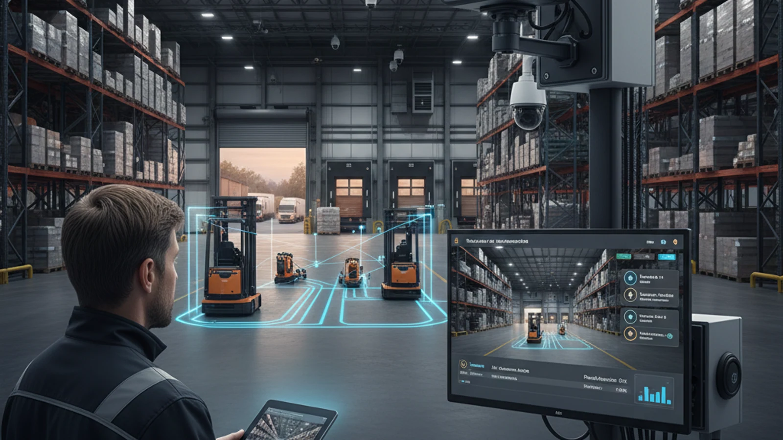 Cinematic warehouse and logistics cloud surveillance visual for AI Cloud Surveillance for Warehouses and Distribution Centers | Ifovea