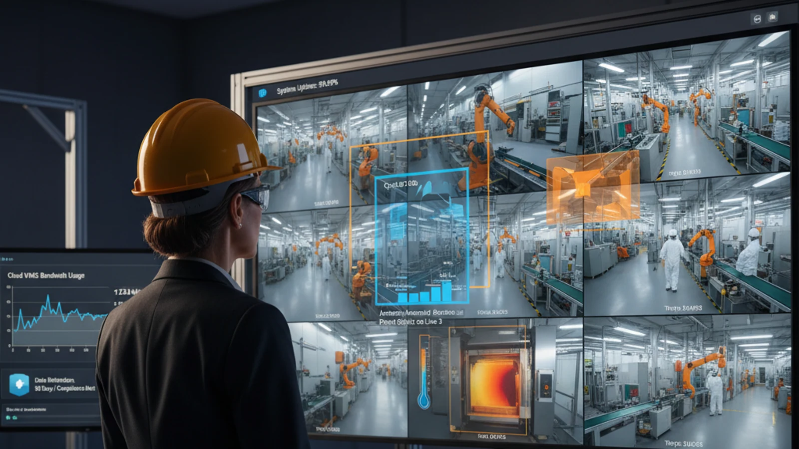 Cinematic manufacturing cloud surveillance visual for Cloud Surveillance Bandwidth Usage: Real Numbers and How to Manage Them