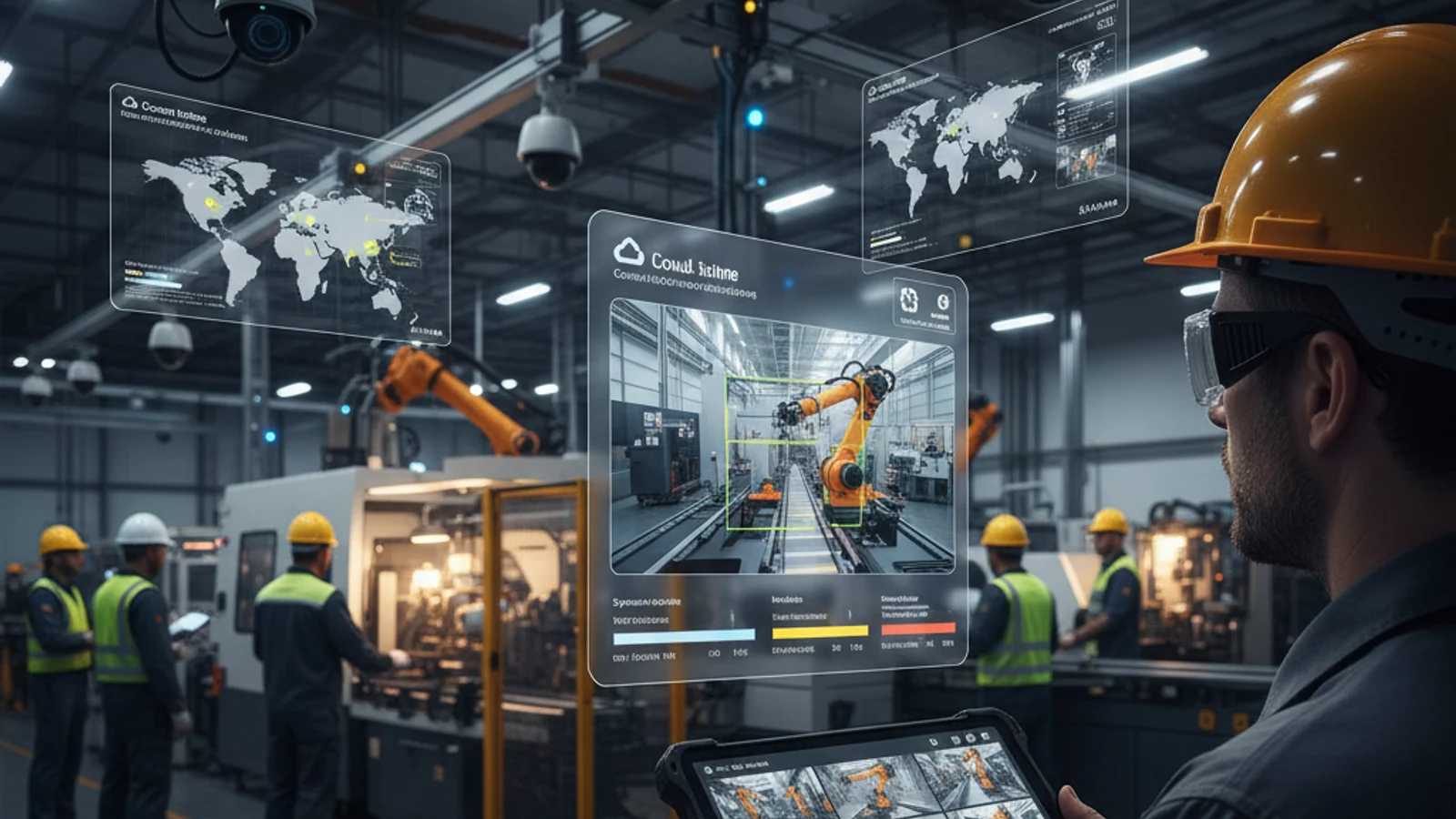 Migrate From Genetec to Cloud VMS for Multi-Site Operations 1 Cinematic manufacturing cloud surveillance visual for Migrate From Genetec to Cloud VMS for Multi-Site Operations
