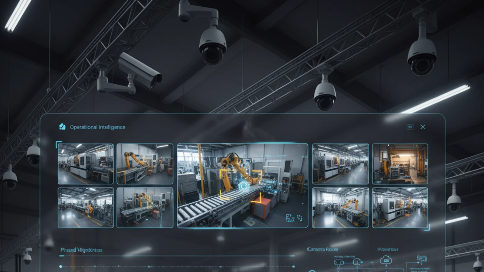 Cinematic manufacturing cloud surveillance visual for How to Reduce Camera Replacement Costs During a Cloud VMS Migration