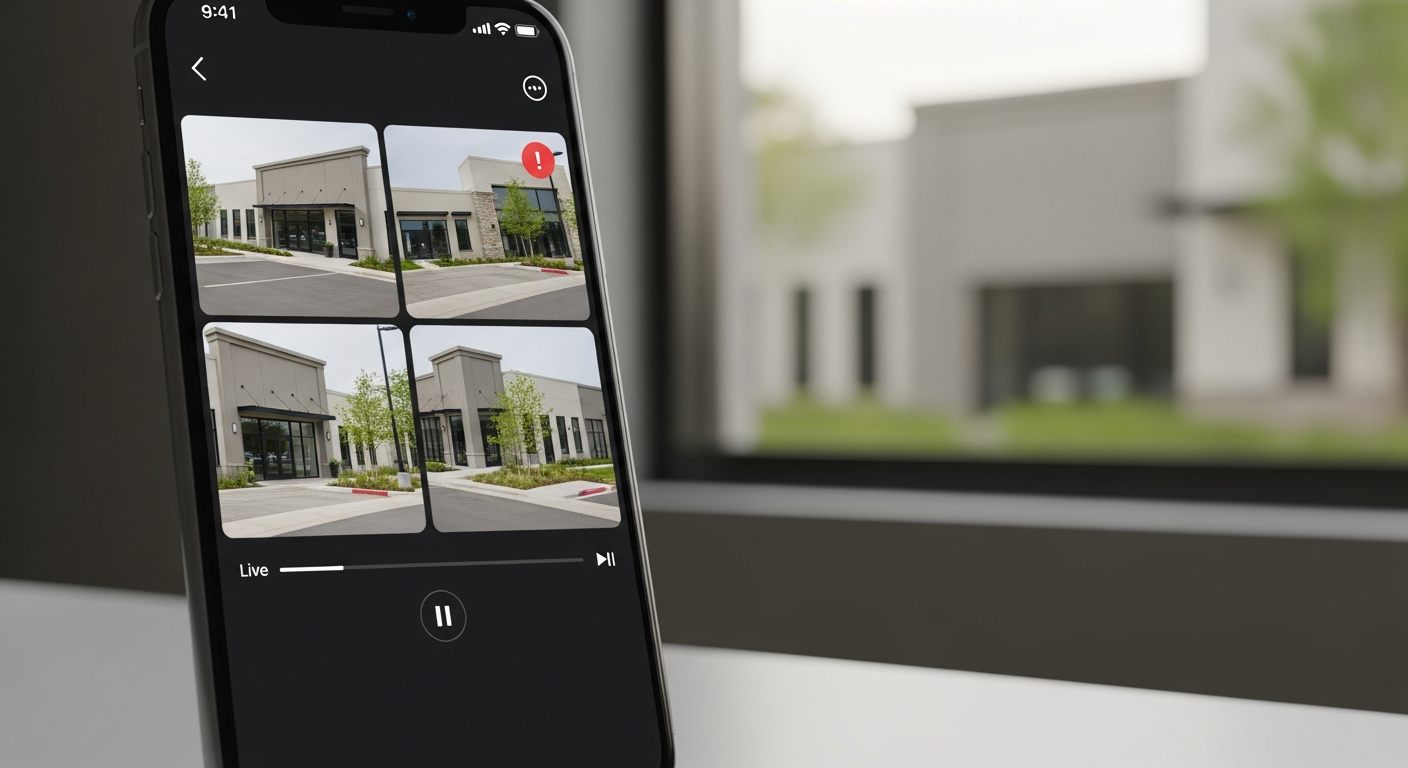 iFovea mobile app on smartphone showing live camera grid and AI alert notifications