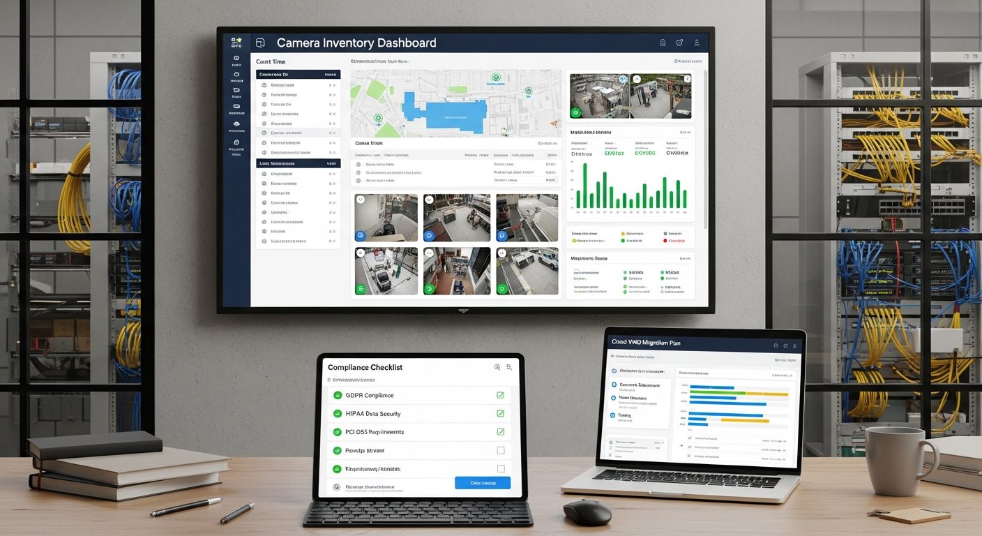 NDAA compliance migration workspace showing camera inventory checklist and cloud VMS deployment plan