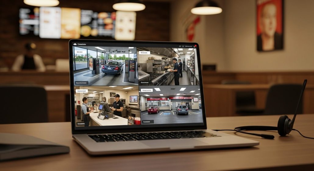 How QSR and Restaurant Chains Manage Cloud Video Surveillance Across Multiple Locations 5 QSR restaurant manager monitoring cloud video surveillance across multiple locations from a single dashboard
