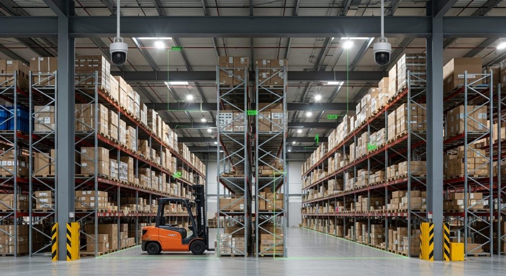 Warehouse AI Video Analytics: Safety Monitoring, Loss Prevention, and Operational Intelligence 4 Warehouse AI video analytics monitoring forklift safety zones and surveillance coverage in a distribution center